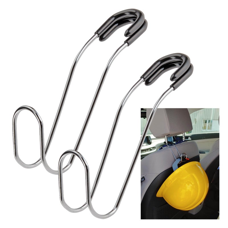 High Road Metal Car Hooks - Hard Hat Holder for Truck and Unbreakable Headrest Hooks for Car for Large Straps and Heavy Bags up to 40 lbs - Secure Attachment Loops Fit All Headrest Posts, 2-Pack - Image 1